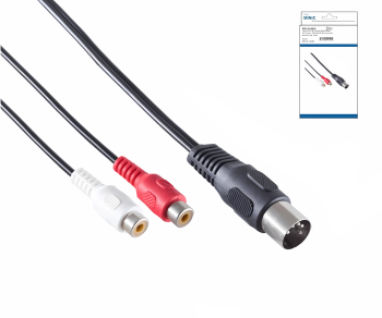 DINIC DIN-Stecker auf Stereo Cinch-Buchse, schwarz DIN-Stecker. 180° (5-Pin) zu 2x Cinch-Buchse, Box